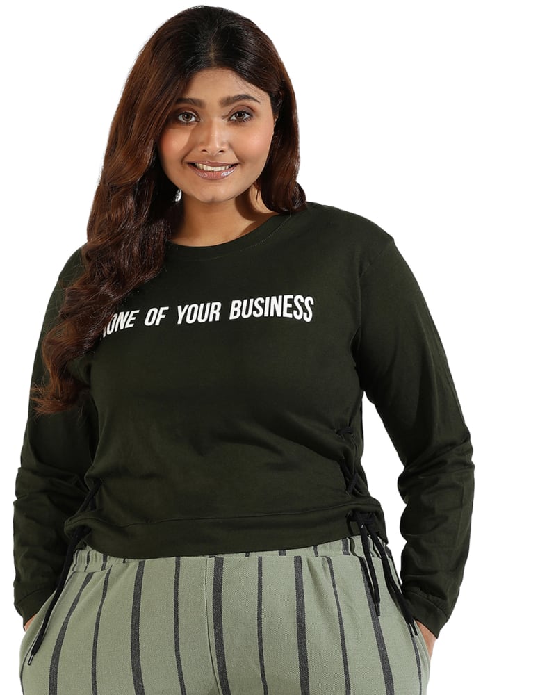 Front of a model wearing a size 3XL Women Printed Long Sleeve Top in Forest Green by Instafab Plus. | dia_product_style_image_id:294305